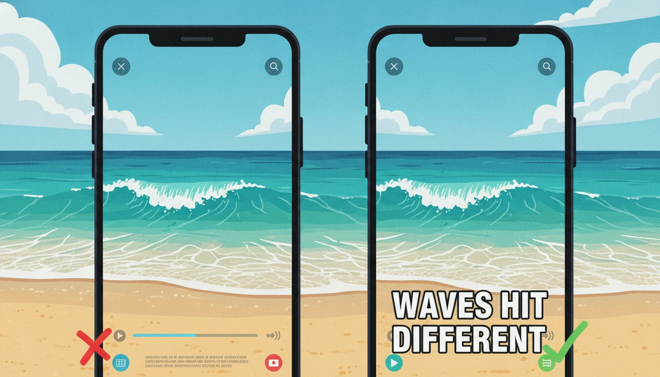 The same beach video on two phones: a tiny unreadable caption versus a bold centered one