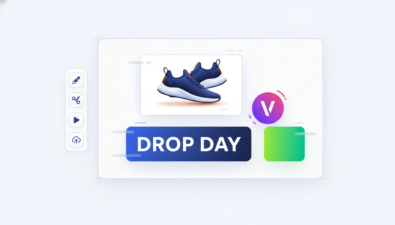 A social graphic assembling itself from a product photo, bold headline, and brand pieces