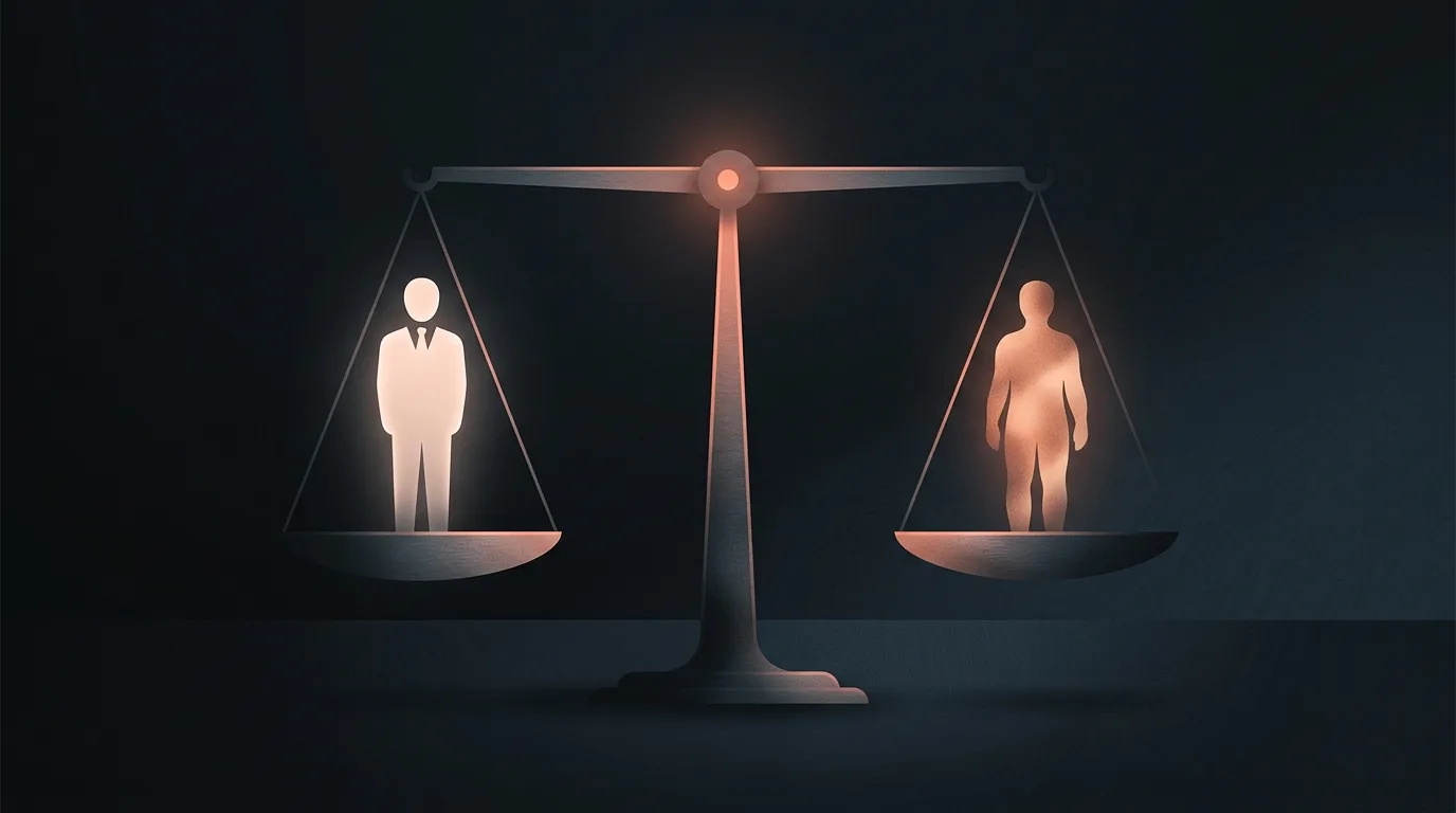 Concept art weighing a presenter figure against a personal-brand figure