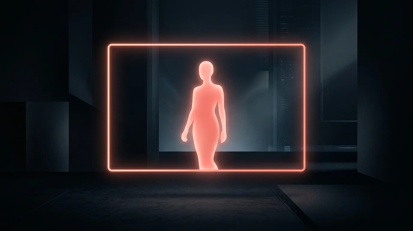 Concept illustration of a glowing digital presenter figure inside a video frame