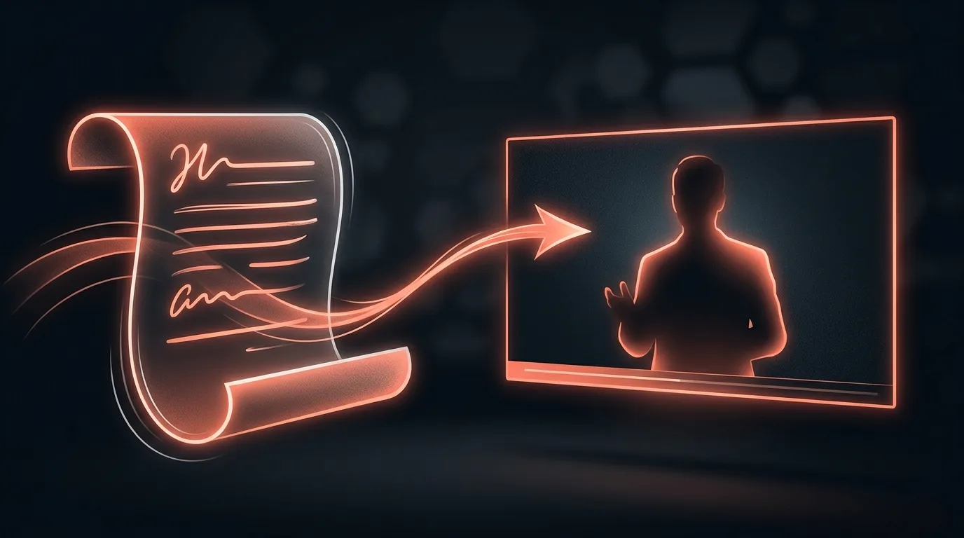 Concept illustration of a script flowing into a generated presenter video
