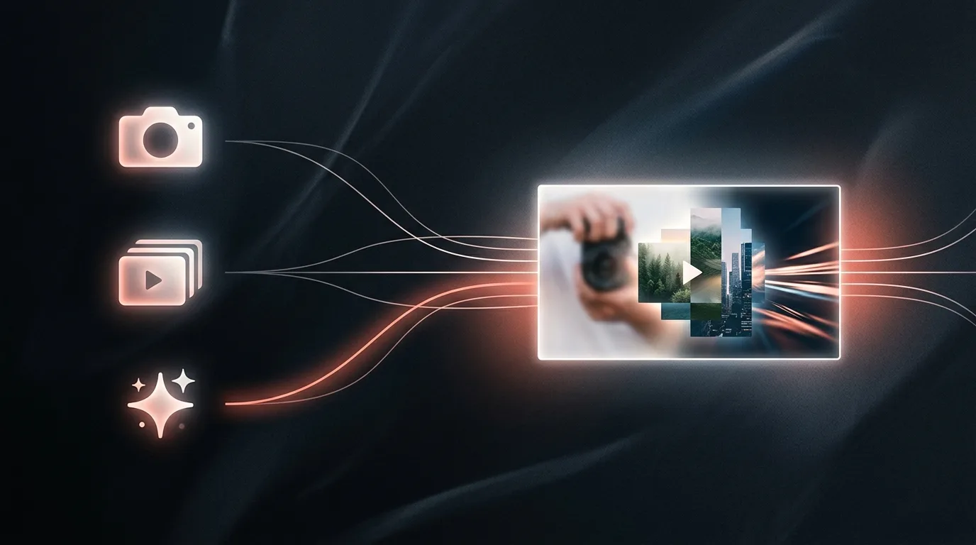 Concept illustration of footage sources flowing into one video frame