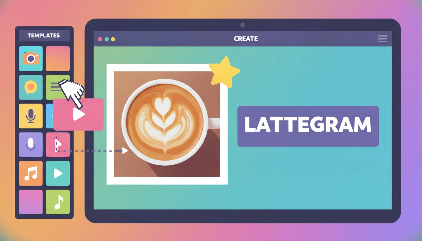 A social post coming together on a canvas beside a sidebar of colorful templates