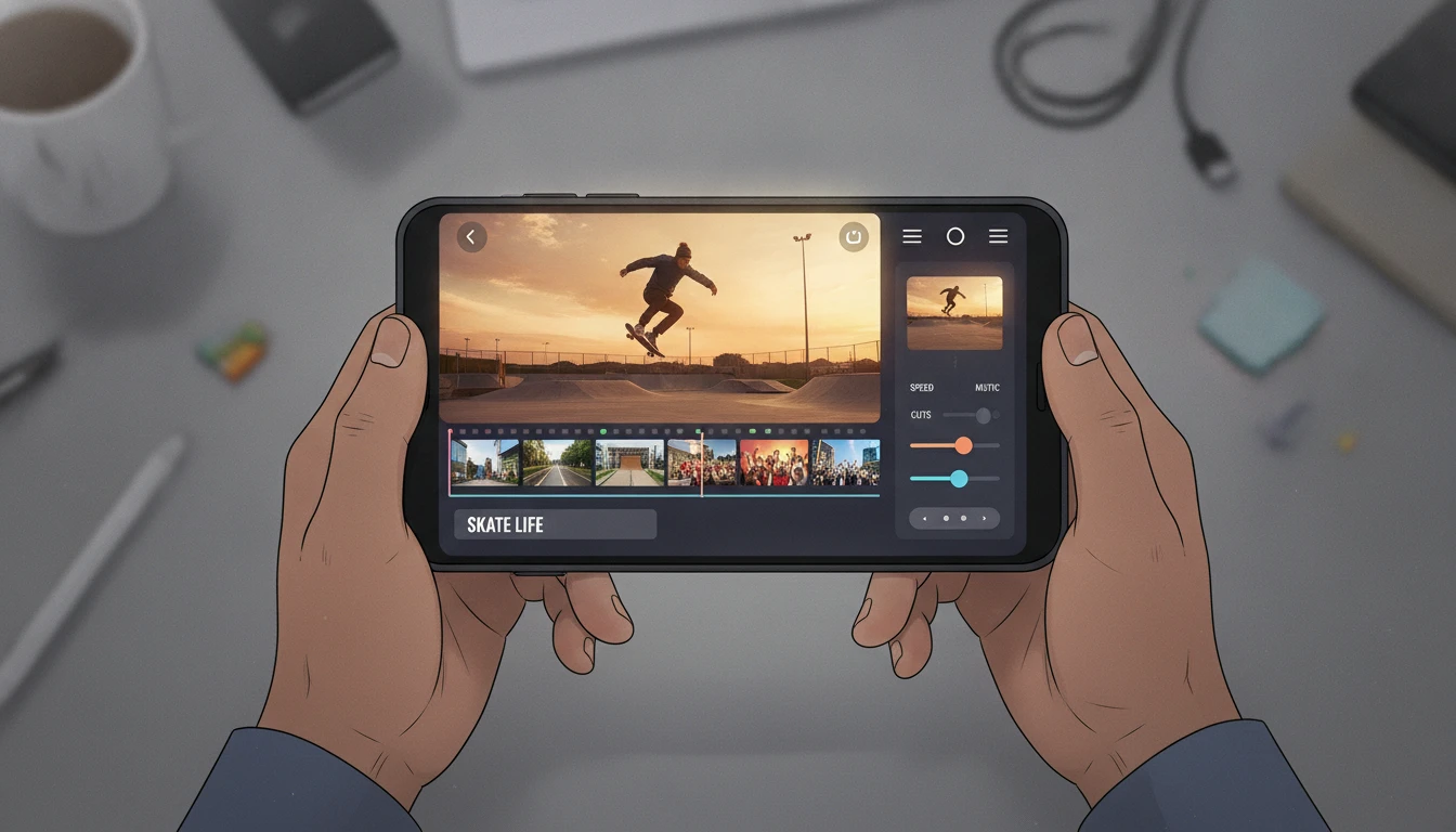 Hands editing a skateboard video on a phone, with a clip timeline and edit sliders