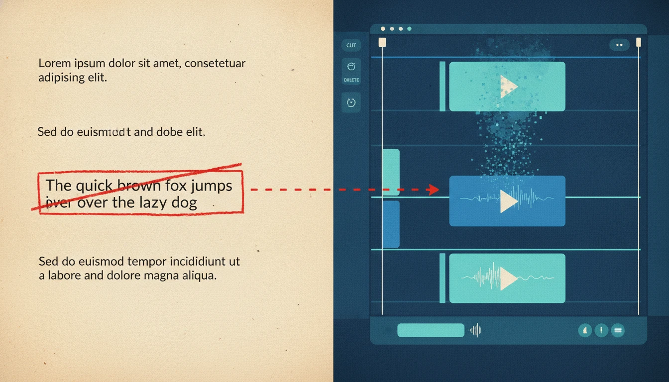 A crossed-out sentence in a document removing the matching segment from a video timeline