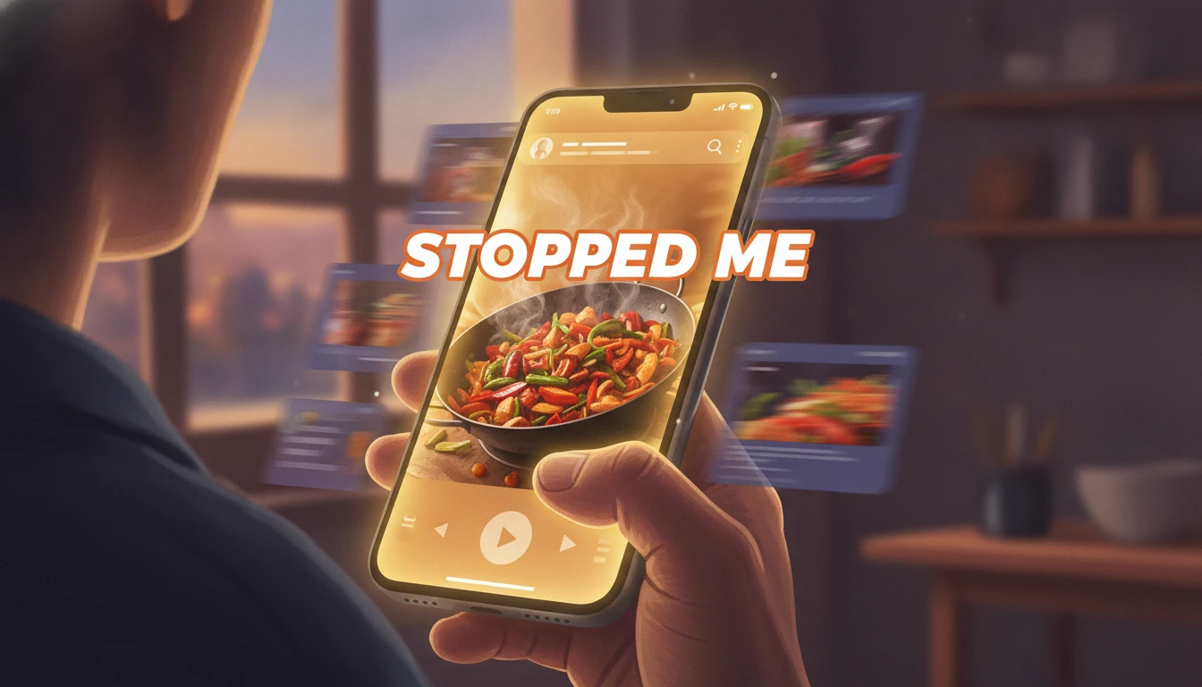Illustration of a thumb frozen mid-scroll over a vivid cooking video in a phone feed