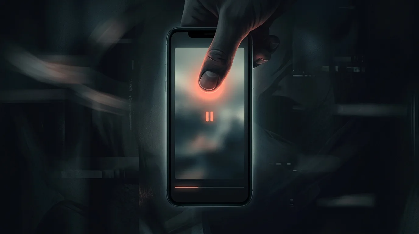 Concept illustration of a thumb pausing over a glowing video frame
