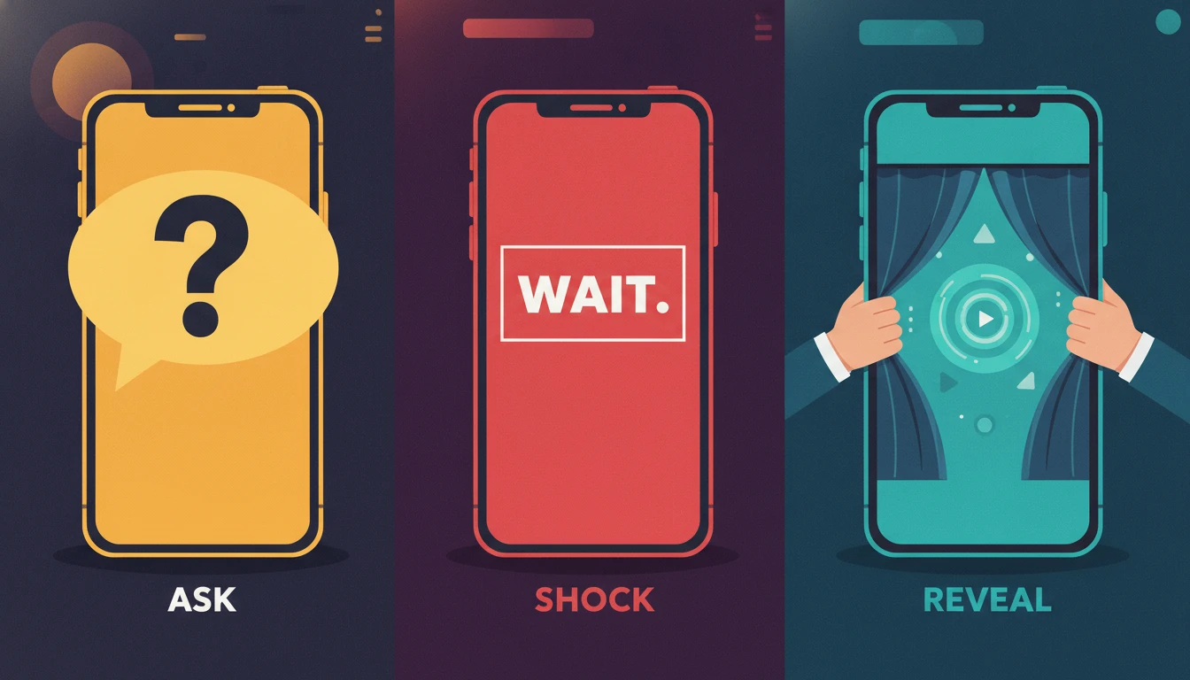Three phones showing hook types: a question, a bold claim, and a reveal