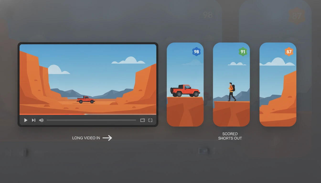A widescreen video splitting into three vertical clips, each with a score badge