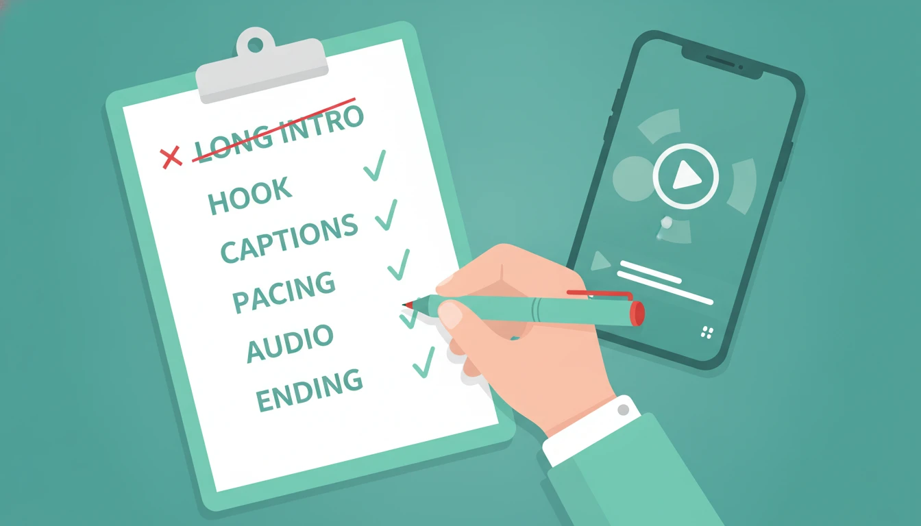 A hand ticking a posting checklist next to a phone: hook, captions, pacing, audio, ending