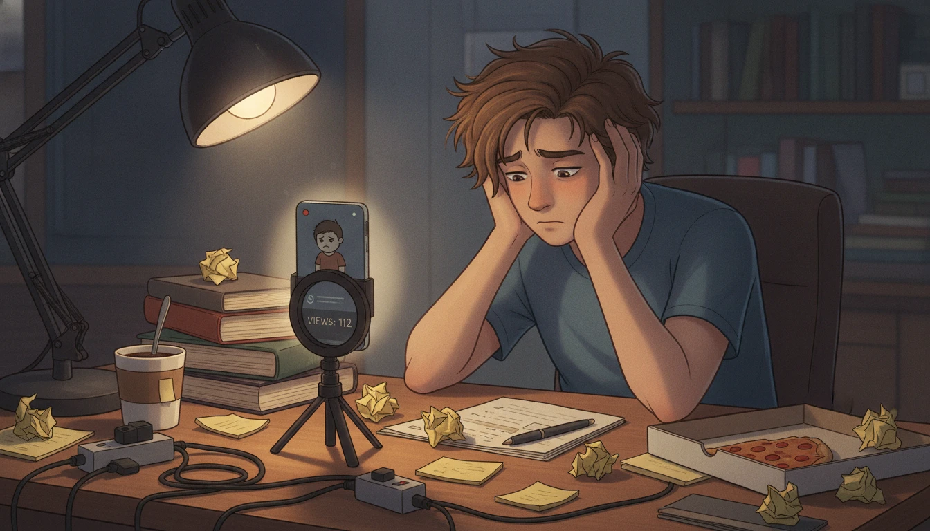 A creator at a desk at night staring at a phone showing a video stuck at 112 views