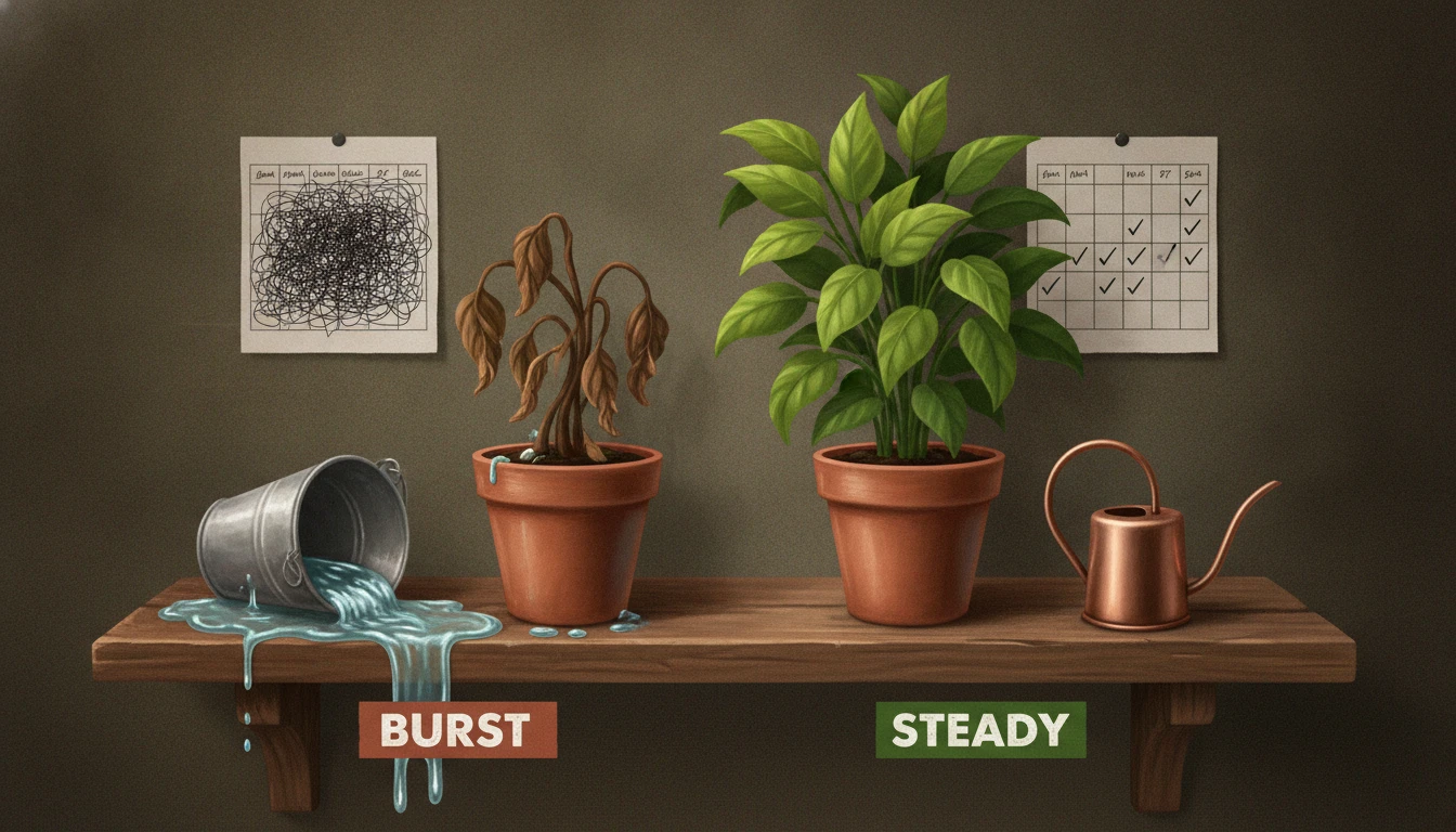 A wilted overwatered plant beside a thriving steadily watered one, labeled burst and steady