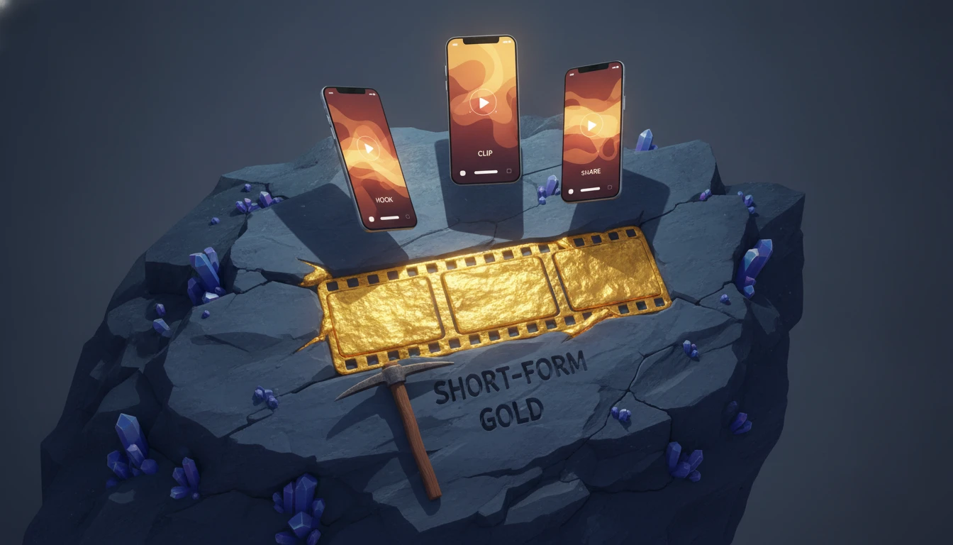 A film strip embedded in rock with gold segments rising out as short vertical clips