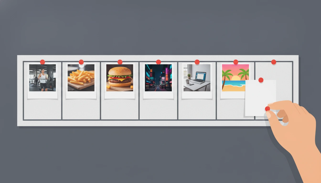 A hand pinning vertical clip thumbnails into a week planner