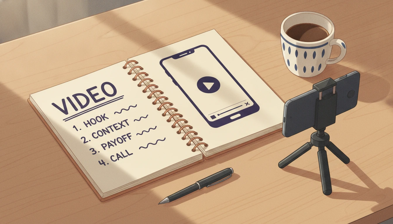 A notebook with a numbered four-beat video script outline beside a phone on a mini tripod
