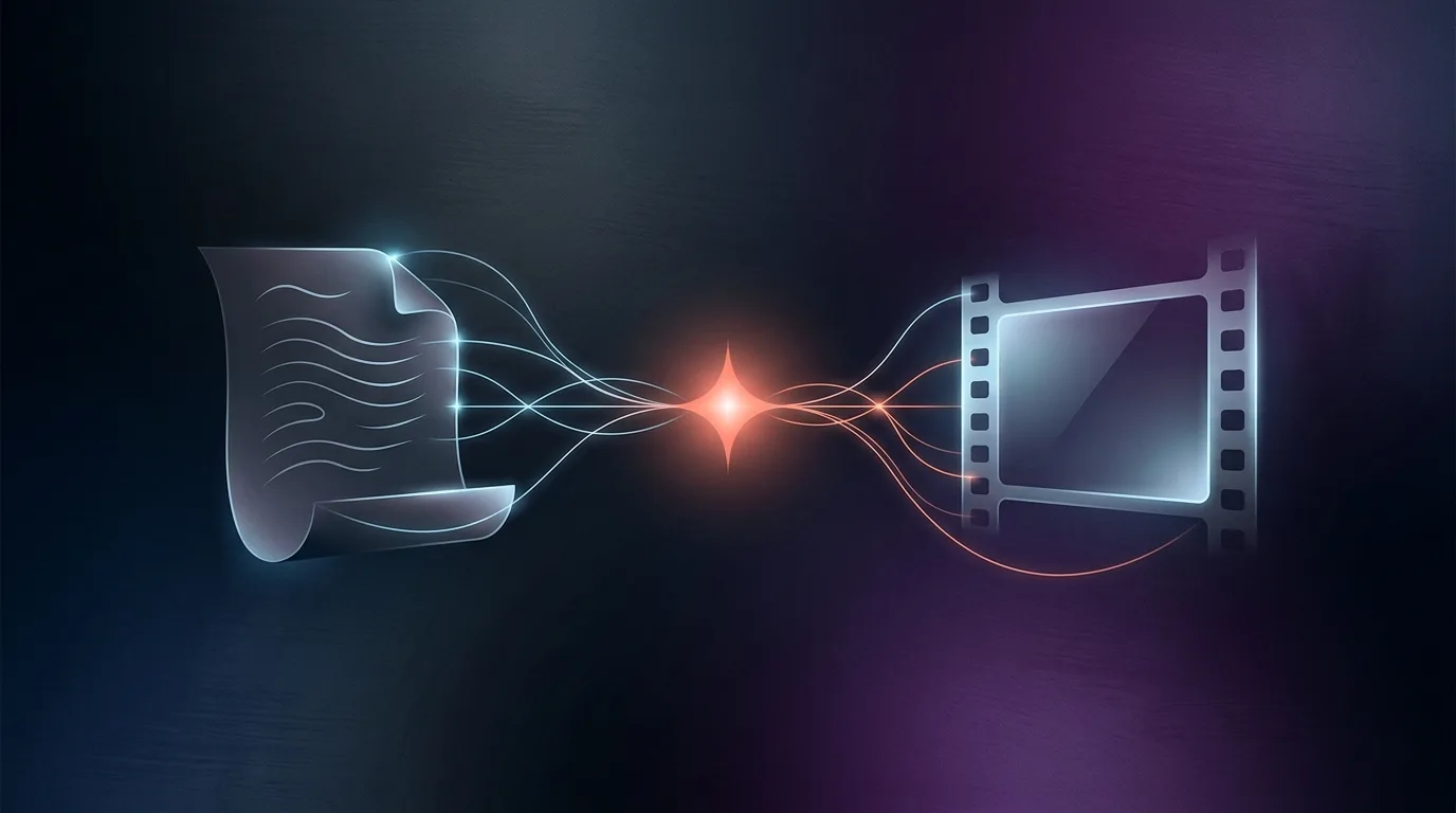 Concept art of AI-assisted script tools around a glowing video frame