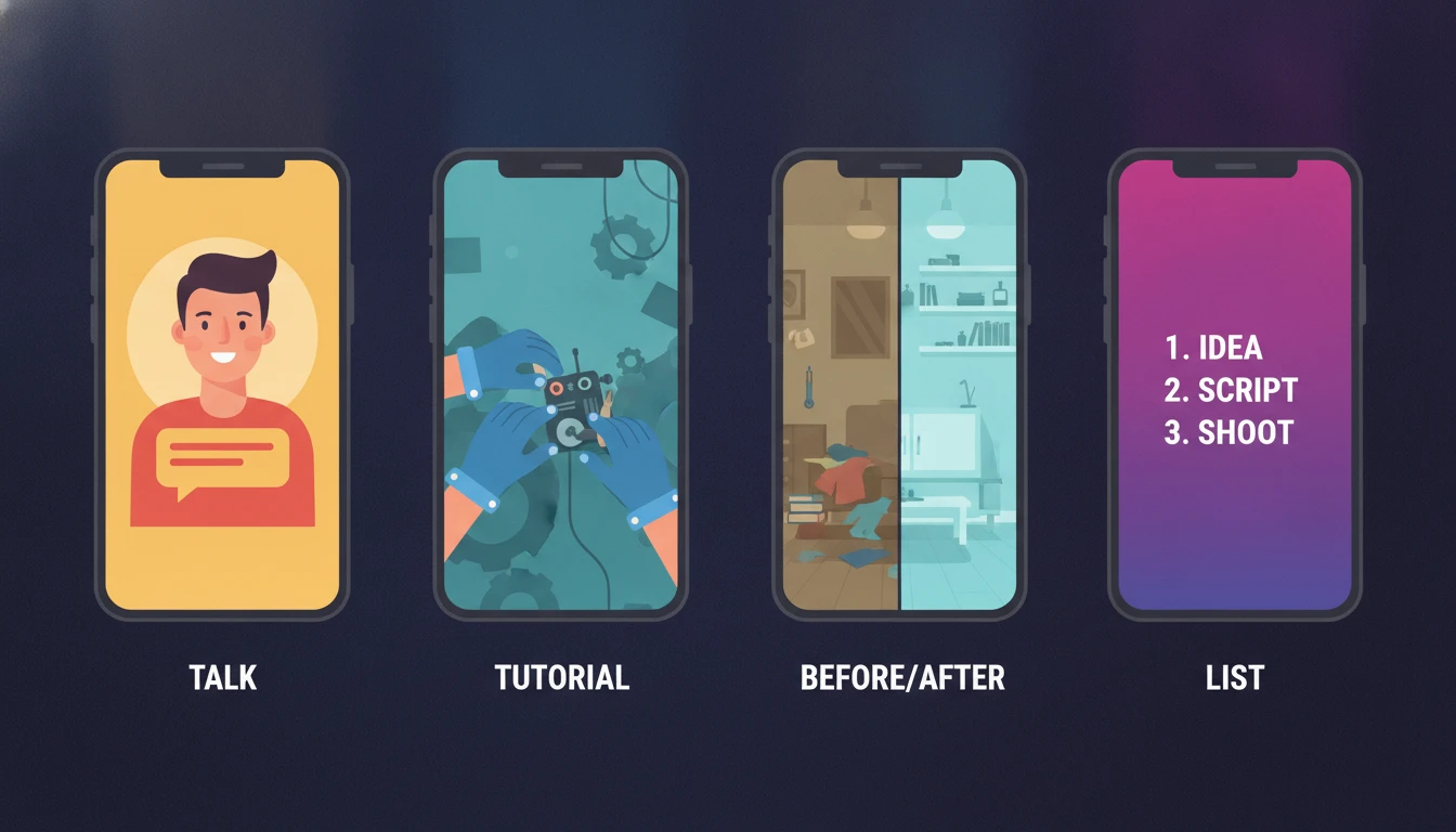 Four phones labeled talk, tutorial, before/after, and list, each showing a matching scene