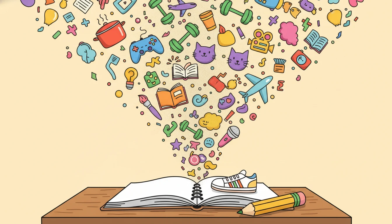 An open notebook with colorful icons of video topics bursting out of it