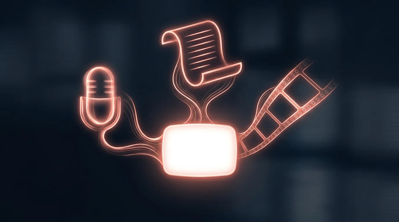 Concept art of a faceless channel: a microphone, a script, and footage combining