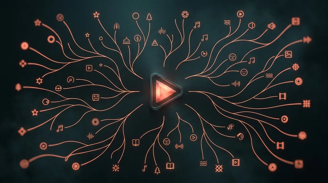 Concept illustration of video ideas branching out from a central play button