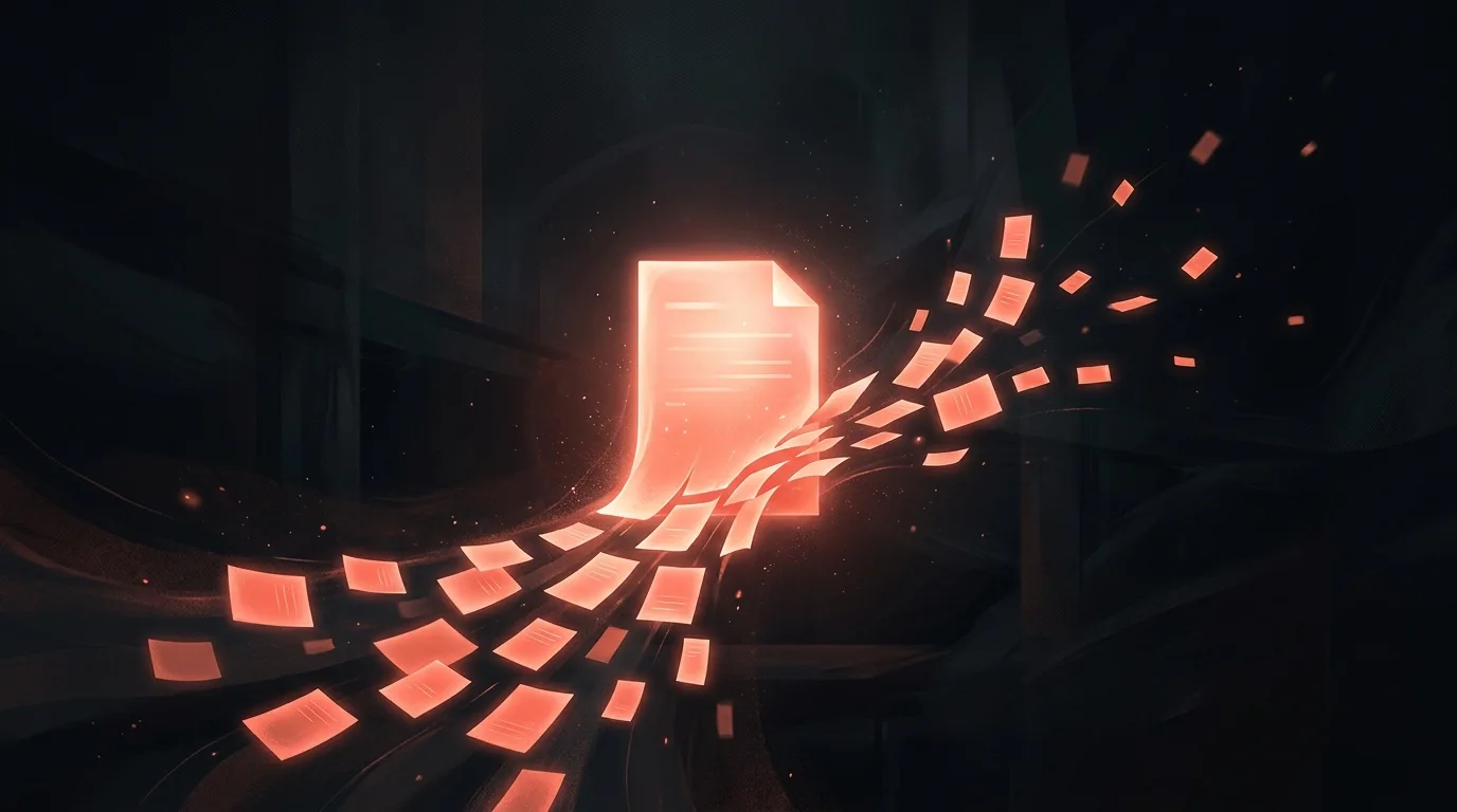 Concept art of a transcript being turned into a blog post and notes on a desk