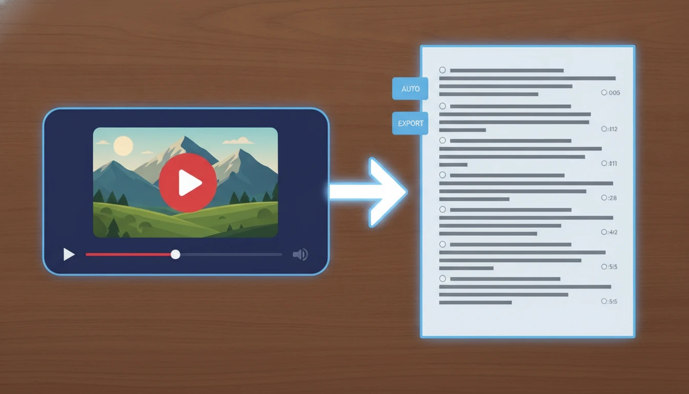 A video player with an arrow flowing into a transcript document with timestamps