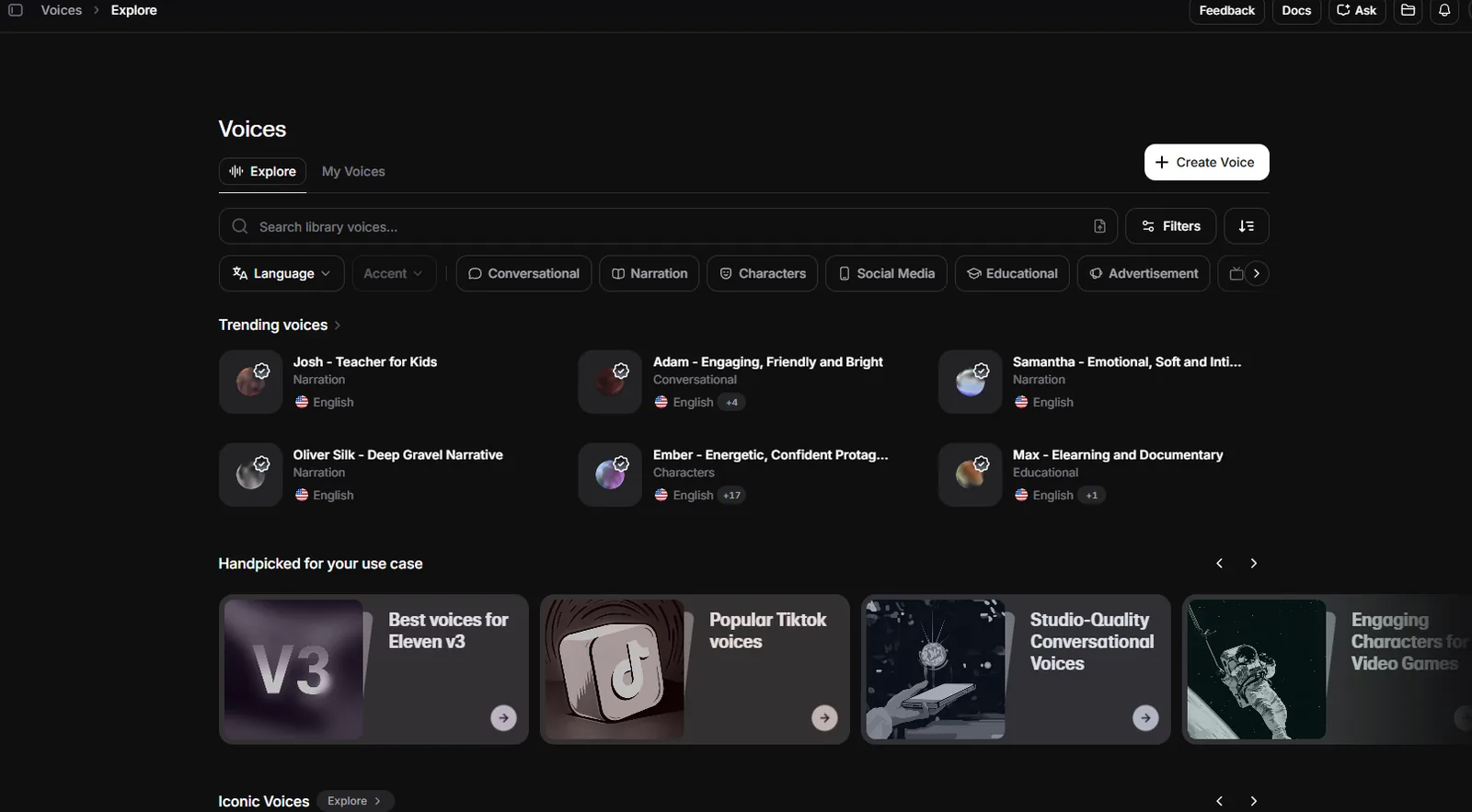 The ElevenLabs voice library showing trending voices grouped by use case